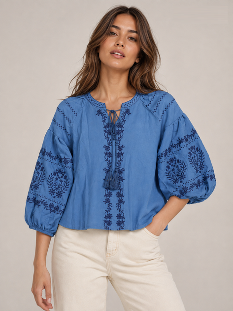 Женская блузка-вышиванка голубая с вышивкой, 2XL (Q6155) - Фото 1 Женская блузка-вышиванка голубая с вышивкой, 2XL (Q6155) - изображение 1