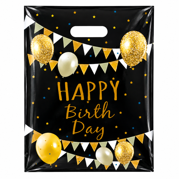 Пакети для солодощів 16х25 см Happy birthday з тисненням фольгою Упаковка 10 штук Чорний - Фото 3 Пакети для солодощів 16х25 см Happy birthday з тисненням фольгою Упаковка 10 штук Чорний - изображение 3
