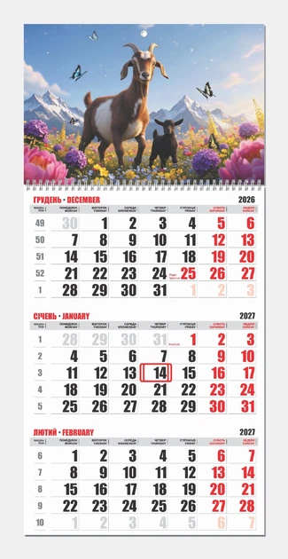 Календарь Козы квартальный 2027 год Контраст на одну пружину 04 - Фото 1 Календарь Козы квартальный 2027 год Контраст на одну пружину 04 - изображение 1