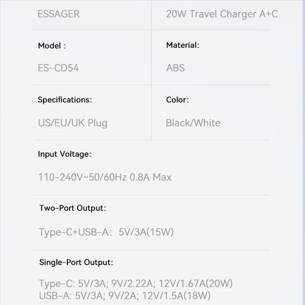 Сетевое зарядное устройство Essager ES-CD54 20W USB Type-C PD + USB-A, быстрая зарядка, адаптер питания 110–240V, EU Plug черное - изображение 7