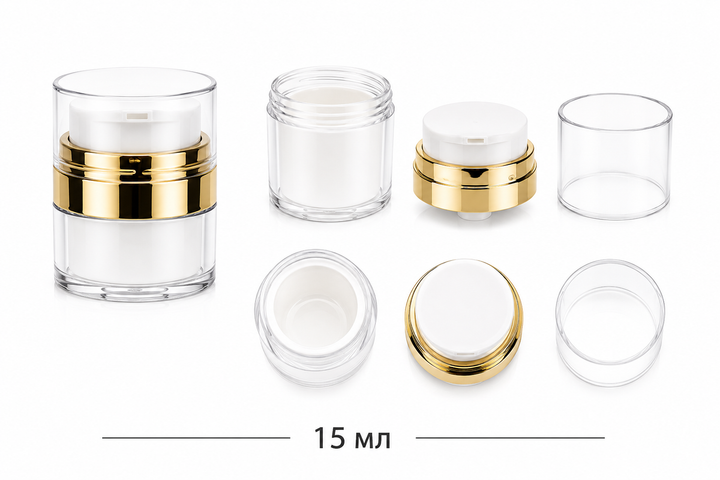 Вакуумная баночка Airless для крема и сыворотки с дозатором, прозрачная с золотистым элементом (AZD-413) - изображение 2
