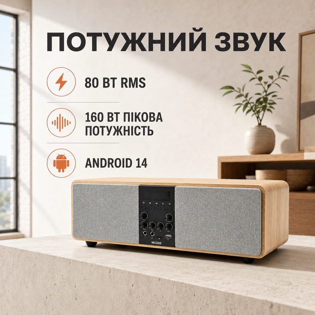 Акустична система QinetiQ MUZE M10 караоке колонка 80 Вт RMS 160 Вт Android 14 Smart TV Bluetooth 5 0 WiFi з 2 бездротовими мікрофонами HDMI ARC Optical Coaxial AUX USB для електрогітари - зображення 5