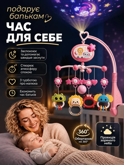 Мобіль дитячий на ліжечко підвісний для сну дитини із мелодіями та підвісками з пультом проекцією зоряного неба регулюванням гучності обертання 360 градусів рожевий - изображение 5