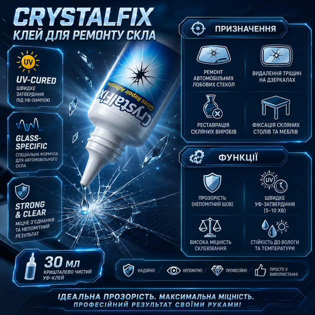 Прозорий УФ-клей для ремонту скла CrystalFix Glass Repair Adhesive Клей з високою адгезією для скла 30 мл Полімер - зображення 6