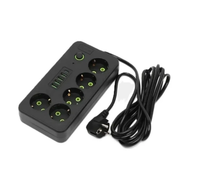 Мережевий фільтр подовжувач з запобіжником 5 розетками 4 USB, 1 Type C переноска 2500 Вт HG 2505 (COPY) - зображення 2