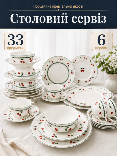 Обеденный столовый сервиз из фарфора 33 предмета на 6 персон для сервировки белый с вишневым декором (37261980) - изображение 2
