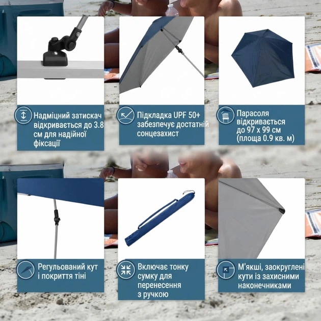 Портативна парасолька-кліпка Sport-Brella Versa-Brella UPF 50+ з універсальним затискачем та поворотом на 360 градусів, темно-синя (1203) - зображення 8