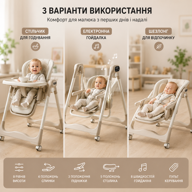 Стульчик для кормления + качель V7 / Детский регулируемый стол для кормления 3в1 / Электронная качель для младенцев - изображение 2