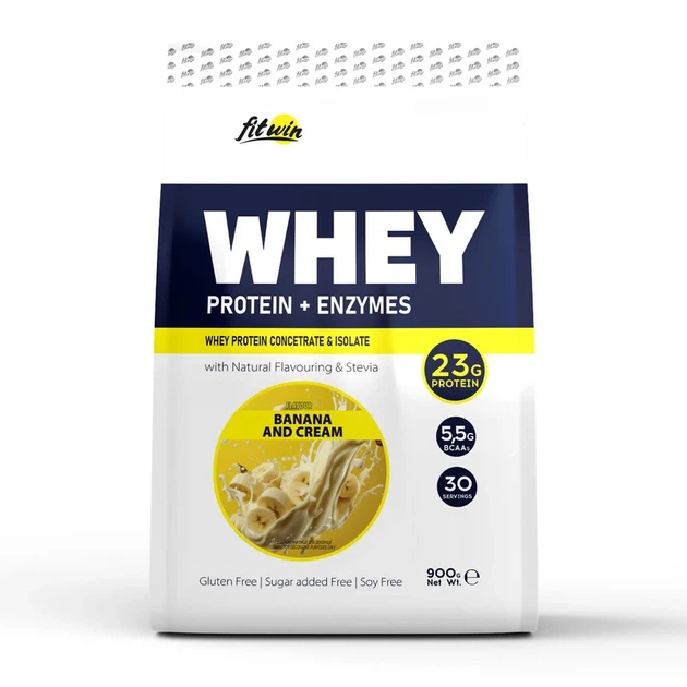 Сывороточный протеин FitWin Whey Protein + Enzymes 77% белка банан-сливки 900 г - Фото 1 Сывороточный протеин FitWin Whey Protein + Enzymes 77% белка банан-сливки 900 г - изображение 1