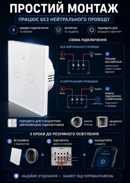 Дистанційний вимикач світла з WiFi сенсорний бездротовий розумний вимикач світла Palermo smart switch перемикач з підсвіткою безпровідний смарт вайфай Tuya Smart Life вимикач подвійний білий - Фото 6 Дистанційний вимикач світла з WiFi сенсорний бездротовий розумний вимикач світла Palermo smart switch перемикач з підсвіткою безпровідний смарт вайфай Tuya Smart Life вимикач подвійний білий - зображення 6