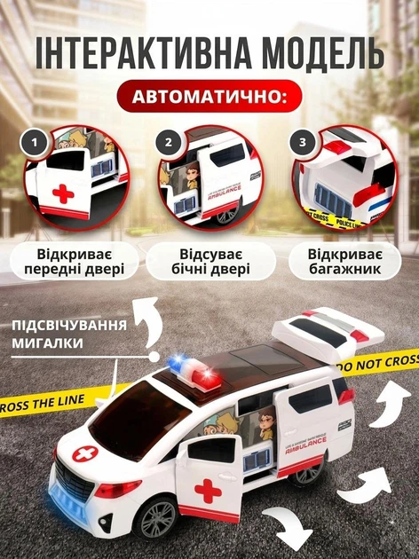 Музична машинка швидкої допомоги (автоматичні двері, обертання 360°, світло, звук) - Фото 4 Музична машинка швидкої допомоги (автоматичні двері, обертання 360°, світло, звук) - изображение 4