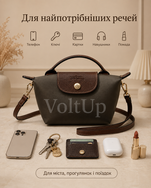 Сумка Longchamp Mini Le Pliage Pouch хаки - маленькая женская кроссбоди с коричневым клапаном и длинным ремнем - изображение 3