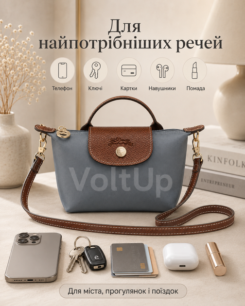 Сумка Longchamp Mini Le Pliage Pouch сіра — маленька літня кросбоді з довгим ременем для телефону та дрібних речей - зображення 3