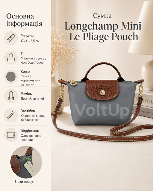 Сумка Longchamp Mini Le Pliage Pouch сіра — маленька літня кросбоді з довгим ременем для телефону та дрібних речей - зображення 5