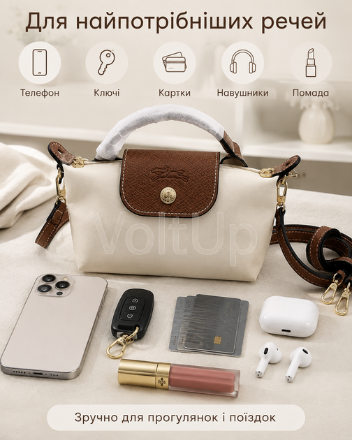 Сумка Longchamp Mini Le Pliage Pouch белая - маленькая летняя кросс-боди с длинным ремнем для телефона и мелких вещей - изображение 2