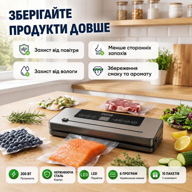 Вакууматор для продуктов Zepline упаковщик вакуумный бытовой 200 Вт запайщик пакетов 6 программ машина для вакуумирования пищи LED подсветка герметична упаковка продуктов нержавеющая сталь 10 пакетов - изображение 2