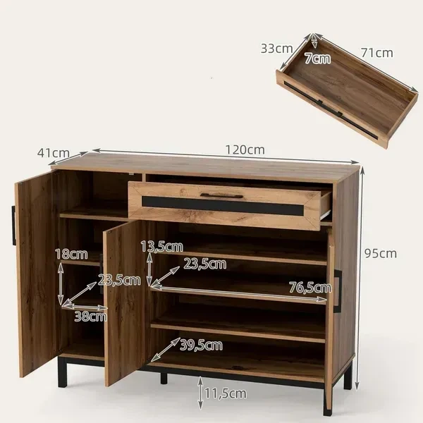 Комод з шухлядою, 3 дверцятами та 3 полицями, 120×41×95 см, колір натурального дерева + чорний - зображення 2