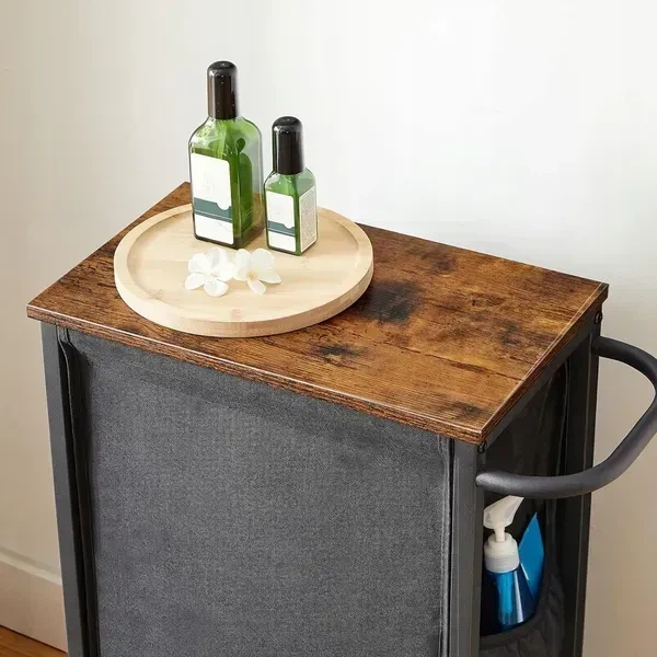 Узкая корзина для белья SONGMICS 40×24×74 см на колёсах с верхней полкой, коричнево-чёрная - изображение 4