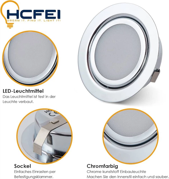 Набор мебельных LED-светильников HCFEI, врезное отверстие 55–60 мм, хром, 6 шт - изображение 5