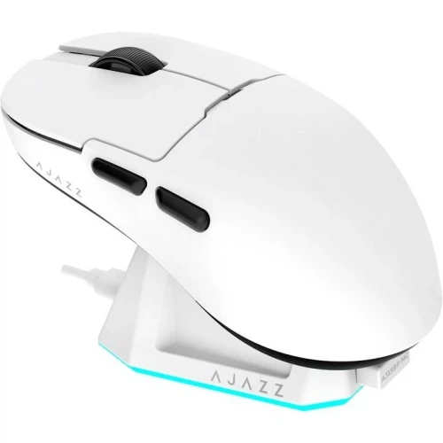 Миша бездротова Ajazz AJ159P MC, White, Bluetooth / USB 2.4GHz / Type-C, оптична (сенсор PixArt PAW3311), до 12000 dpi, перемикачі Huano, 6 кнопок, RGB підсвічування, 400 mAh, магнітна зарядна база, кабель 1.5 м, радіус дії до 10 м - изображение 3