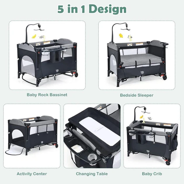 Мобіль для дитячого ліжечка GOPLUS Baby Travel Cot 125 x 65 x 78 см чорний - Фото 5 Мобіль для дитячого ліжечка GOPLUS Baby Travel Cot 125 x 65 x 78 см чорний - зображення 5
