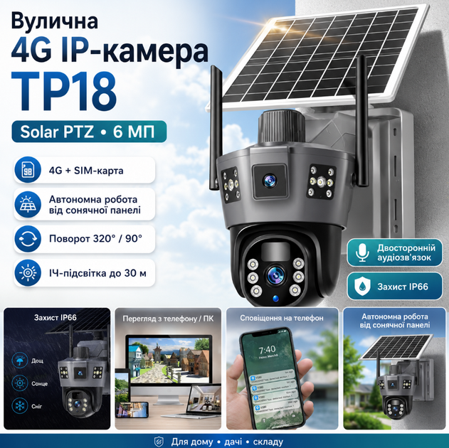 Уличная IP-камера TP18 4G Solar PTZ 360° с поворотом на 360° Камера видеонаблюдения с солнечной панелью и автономным питанием, поддержкой SIM-карты 4G, разрешением 6 МП, удаленным видеонаблюдением и ночным режимом, черная - изображение 8