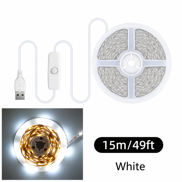 Світлодіодна LED-стрічка 15 м з USB-живленням та вимикачем, біла - зображення 4