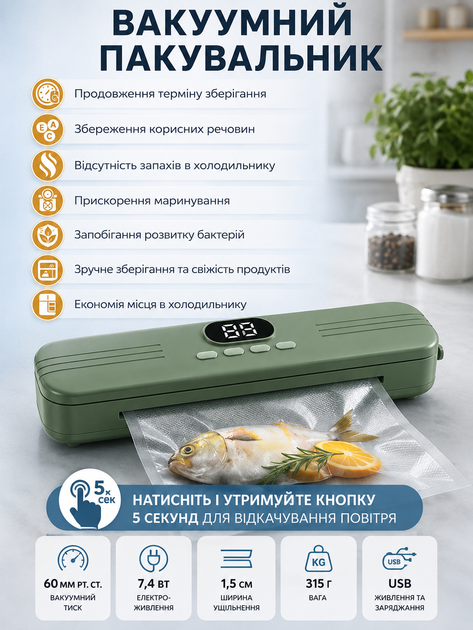 Вакууматор для продуктов 60 мм рт ст вакуумный упаковщик автоматический USB аккумуляторный запайщик пакетов бытовой для мяса рыбы овощей фруктов заморозки су вид - изображение 4