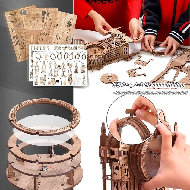 Деревянный 3D-пазл часы "Баряжа" (Bell Tower Clock) с LED-подсветкой - Фото 6 Деревянный 3D-пазл часы "Баряжа" (Bell Tower Clock) с LED-подсветкой - изображение 6