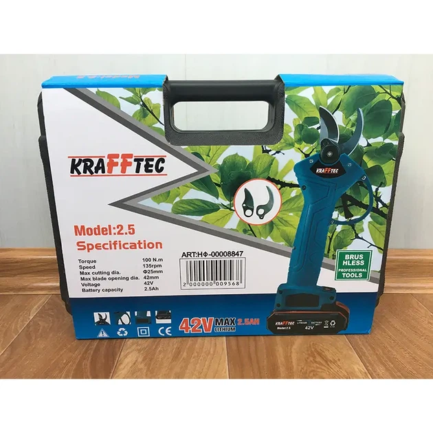 Акумуляторний секатор Krafftec 42 В 2 5 А·год електричні садові ножиці бездротові для обрізки дерев гілок винограду малини кущів діаметр різу 25 мм Li Ion 100 різів хв 2 АКБ кейс - зображення 9