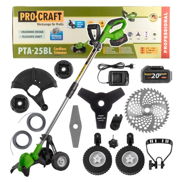Бесщеточный аккумуляторный триммер Procraft PTA-25 BL электрокоса 20 В 3 А·час 5000 об мин 230 мм телескопическая мотокоса с колесами для травы сорняков жесткой растительности леской ножами - изображение 11