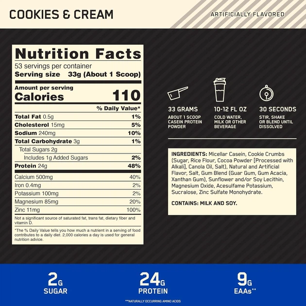 Протеин Optimum Nutrition 100% Gold Standard Casein 1800 г USA (Сookies and cream / Печенье со сливками) - изображение 2
