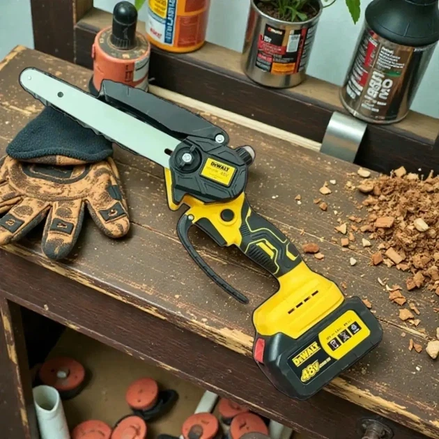 Аккумуляторная минипила DeWalt ручная цепная электропила беспроводная компактная 8 дюймов 48 В 6 А·ч шина 20 см для обрезки деревьев веток сада дачи древесины с автоматической смазкой тормозом 2 АКБ - изображение 3