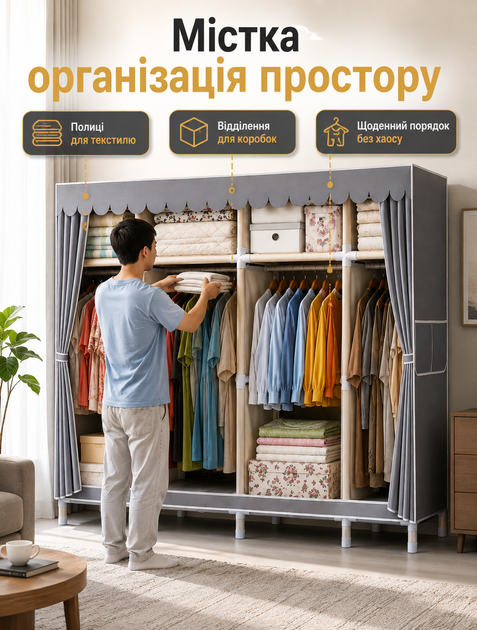 Тканинний шафа-органайзер для зберігання одягу збірний з евкаліптовим каркасом та шторками 172×150×45 см - зображення 5