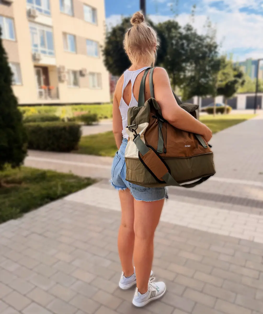 Сумка дорожная спортивная женская с отделением для обуви влажных вещей съемным регулируемым плечевым ремнем ручками (484383-Prob) Зеленая - Фото 6 Сумка дорожная спортивная женская с отделением для обуви влажных вещей съемным регулируемым плечевым ремнем ручками (484383-Prob) Зеленая - изображение 6