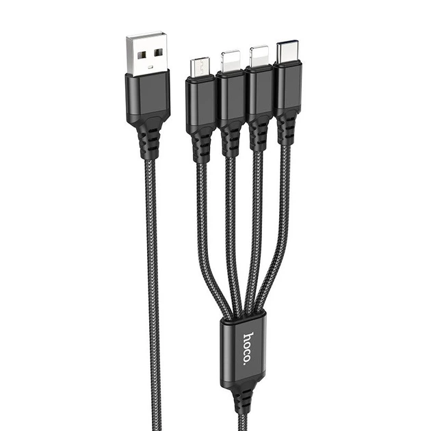 Кабель HOCO X76 4-in-1 Super charging cable (iP+iP+Type-C+Micro) Black - Фото 1 Кабель HOCO X76 4-in-1 Super charging cable (iP+iP+Type-C+Micro) Black - зображення 1