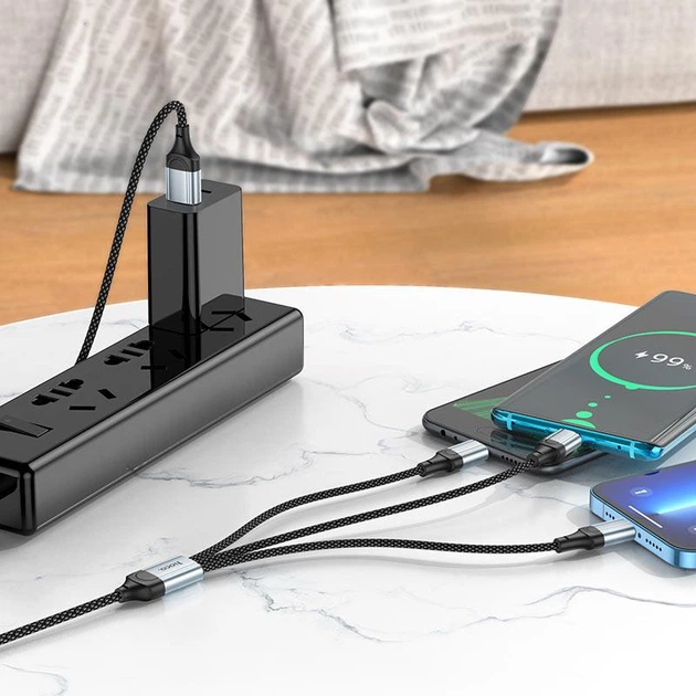 Кабель HOCO X102 Fresh 3-in-1 charging data cable (iP+Micro+Type-C) Black - Фото 6 Кабель HOCO X102 Fresh 3-in-1 charging data cable (iP+Micro+Type-C) Black - изображение 6