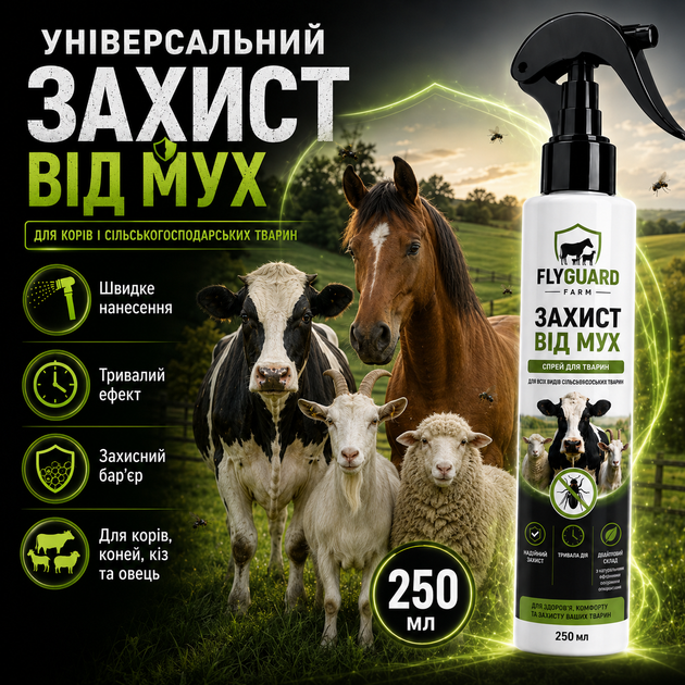 Препарат для защиты животных от мух FLYGUARD FARM Антипаразитарные средства для животных 250мл Средства от насекомых для лошадей - Фото 2 Препарат для защиты животных от мух FLYGUARD FARM Антипаразитарные средства для животных 250мл Средства от насекомых для лошадей - изображение 2