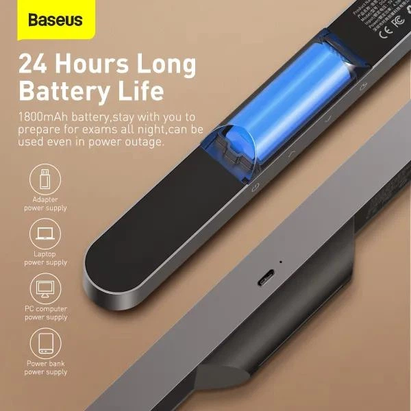 Настільна лампа Baseus Magnetic Stepless Dimming Charging Desk Lamp Портативна LED-лампа з акумулятором 1800mAh, магнітним кріпленням, сенсорним керуванням та регулюванням яскравості та кута нахилу для читання/навчання/роботи (DGXC-C0G), Сірий - зображення 10
