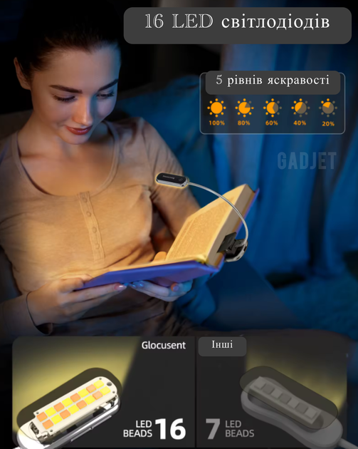 Лампа акумуляторна Glocusent A20 16 LED Гнучка металева Clip ніжка з прищіпкою для читання книг з таймером Чорний (2120632) - зображення 8