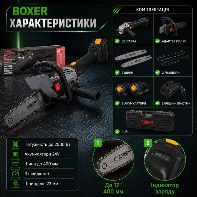 Аккумуляторная болгарка BOXER 2в1 угловая шлифмашина цепная пила бесщеточная УШМ для резки металла шлифования зачистки поверхностей распиливания древесины 24 В 2000 Вт 3 скорости 2 батареи адаптер шина 400 мм кейс - Фото 3 Аккумуляторная болгарка BOXER 2в1 угловая шлифмашина цепная пила бесщеточная УШМ для резки металла шлифования зачистки поверхностей распиливания древесины 24 В 2000 Вт 3 скорости 2 батареи адаптер шина 400 мм кейс - изображение 3