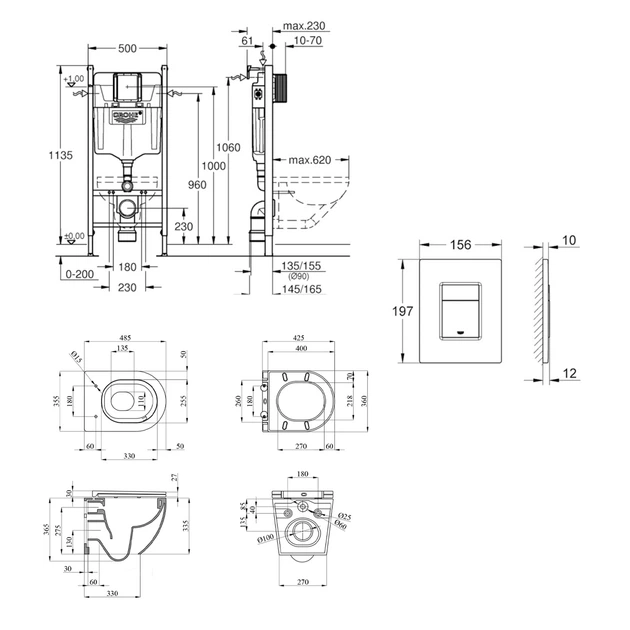 Комплект 4 в 1: Інсталяція Grohe Solido 2 в 1 38971000 + Панель змиву для унітаза Even Black 38966KV0 + Унітаз підвісний безобідковий Kroner Harz WHI493736 TORNADO KH493736WHIT (38971966KV0KH49T) - изображение 2