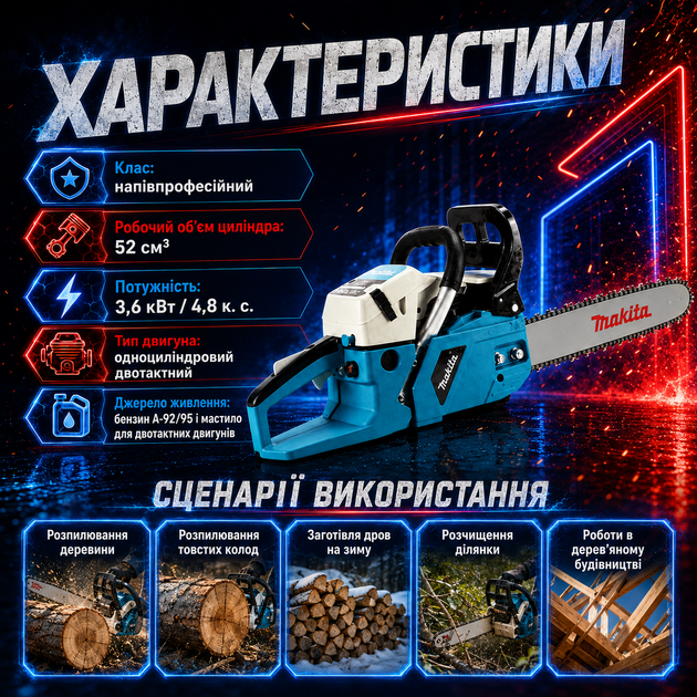 Бензопила Makita EA5200 P45S 3,6 кВт 52 см³ с шиной 45 см Полупрофессиональная цепная пила для древесины Бензиновый инструмент заготовки дров Моторная техника валки леса - изображение 4