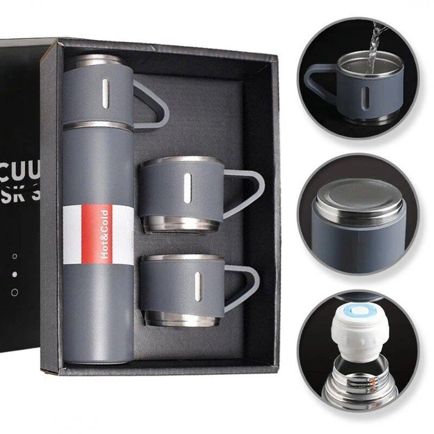 Подарунковий набір термоса із 3 чашками для дому та походів Vacuum Flask SET вакуумний термос із нержавіючої сталі 0.5 л та 3 чашки по 150 мл Матово Сірий - зображення 4