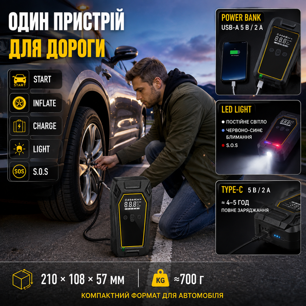 Пускозарядное устройство K5 4000 А джамп стартер с компрессором 150 PSI бустер автомобильный 16000 мАч пускатель 12 В стартер аккумуляторный 4в1 насос 32 л мин повербанк USB фонарь SOS для авто мотоцикла велосипеда - изображение 4