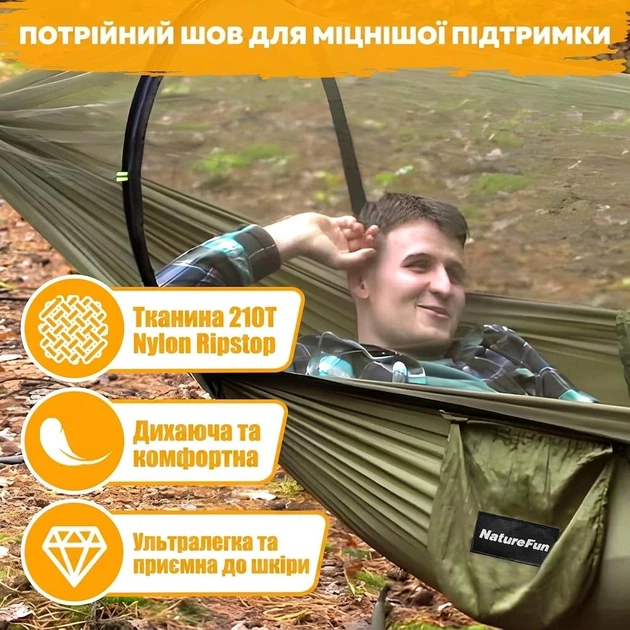 Сверхлегкий туристический гамак для кемпинга NATUREFUN, грузоподъемность 300 кг (275 x 140 см) дышащий нейлоновый парашют 2 x премиальные карабины, 2 x нейлоновые веревки в комплекте. Зеленый - Фото 3 Сверхлегкий туристический гамак для кемпинга NATUREFUN, грузоподъемность 300 кг (275 x 140 см) дышащий нейлоновый парашют 2 x премиальные карабины, 2 x нейлоновые веревки в комплекте. Зеленый - изображение 3