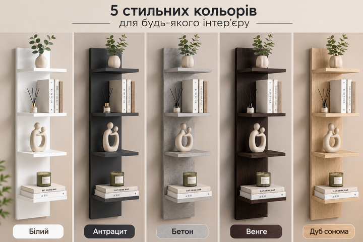 Навісна поличка на 4 секції, полиця на стіну 108*20*25 см дуб сонома, настінна поличка для декору, іграшок та книг в офіс та - зображення 6