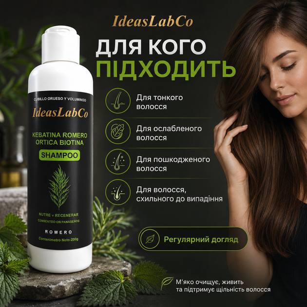 Шампунь для тонких и ослабленных IdeasLabCo Kebatina Romero Ortica Biotina Тонизирующий шампунь для ослабленных волос 200 г - Фото 8 Шампунь для тонких и ослабленных IdeasLabCo Kebatina Romero Ortica Biotina Тонизирующий шампунь для ослабленных волос 200 г - изображение 8