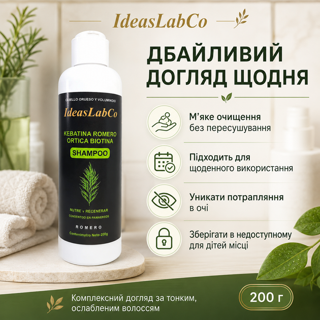 Шампунь для тонких и ослабленных IdeasLabCo Kebatina Romero Ortica Biotina Тонизирующий шампунь для ослабленных волос 200 г - Фото 9 Шампунь для тонких и ослабленных IdeasLabCo Kebatina Romero Ortica Biotina Тонизирующий шампунь для ослабленных волос 200 г - изображение 9
