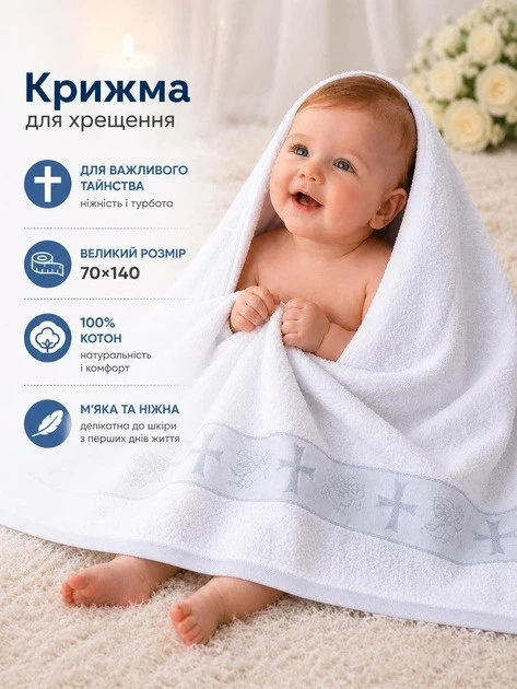 Крыжма для крещения обряда крестин ребенка новорожденного младенца крестильное полотенце махровое мягкое 70×140 см подарок на крестины церковное белоснежное с серебряной вышивкой нежное для кожи мальчика и девочки впитывающее влагу после купели хлопок - изображение 6